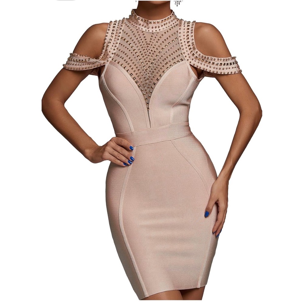 Bella Barnett Beige Bandage Dress Rhinestone Embellished Cold Shoulder Size L